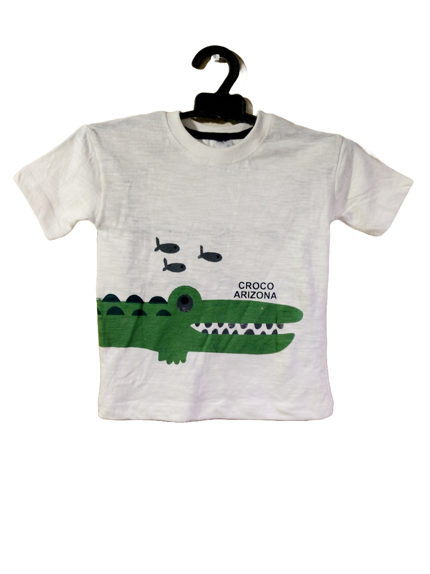 White t-shirt with green crocodile and fish design, Croco Arizona text.