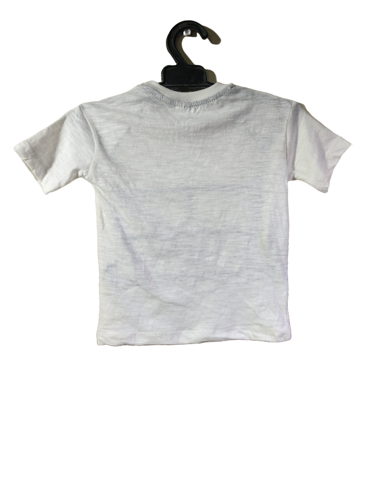 White t-shirt on black hanger, front view.