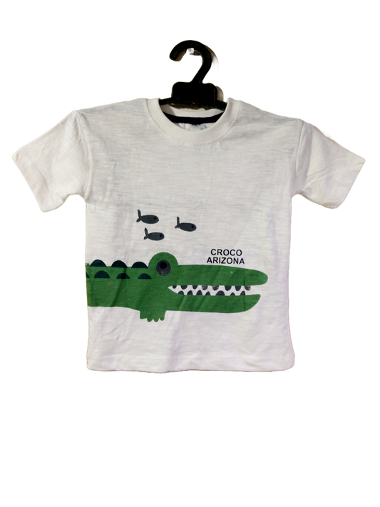 White t-shirt with green crocodile and fish design, Croco Arizona text.