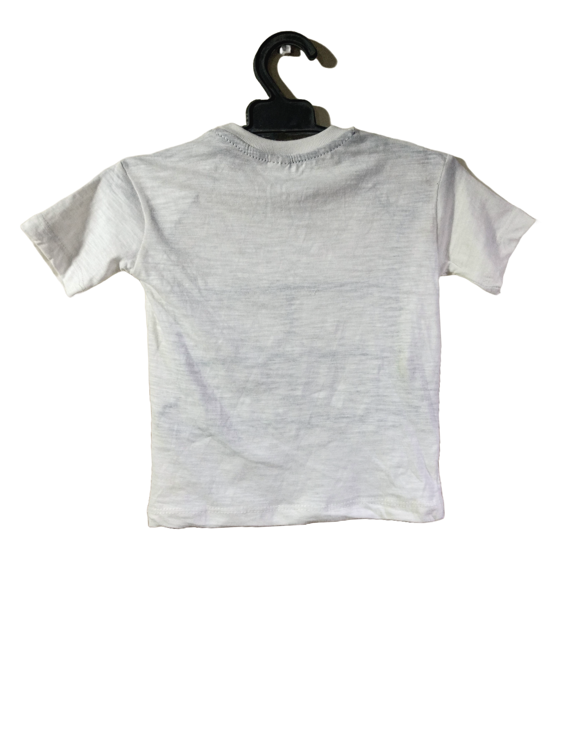 White t-shirt on black hanger, front view.